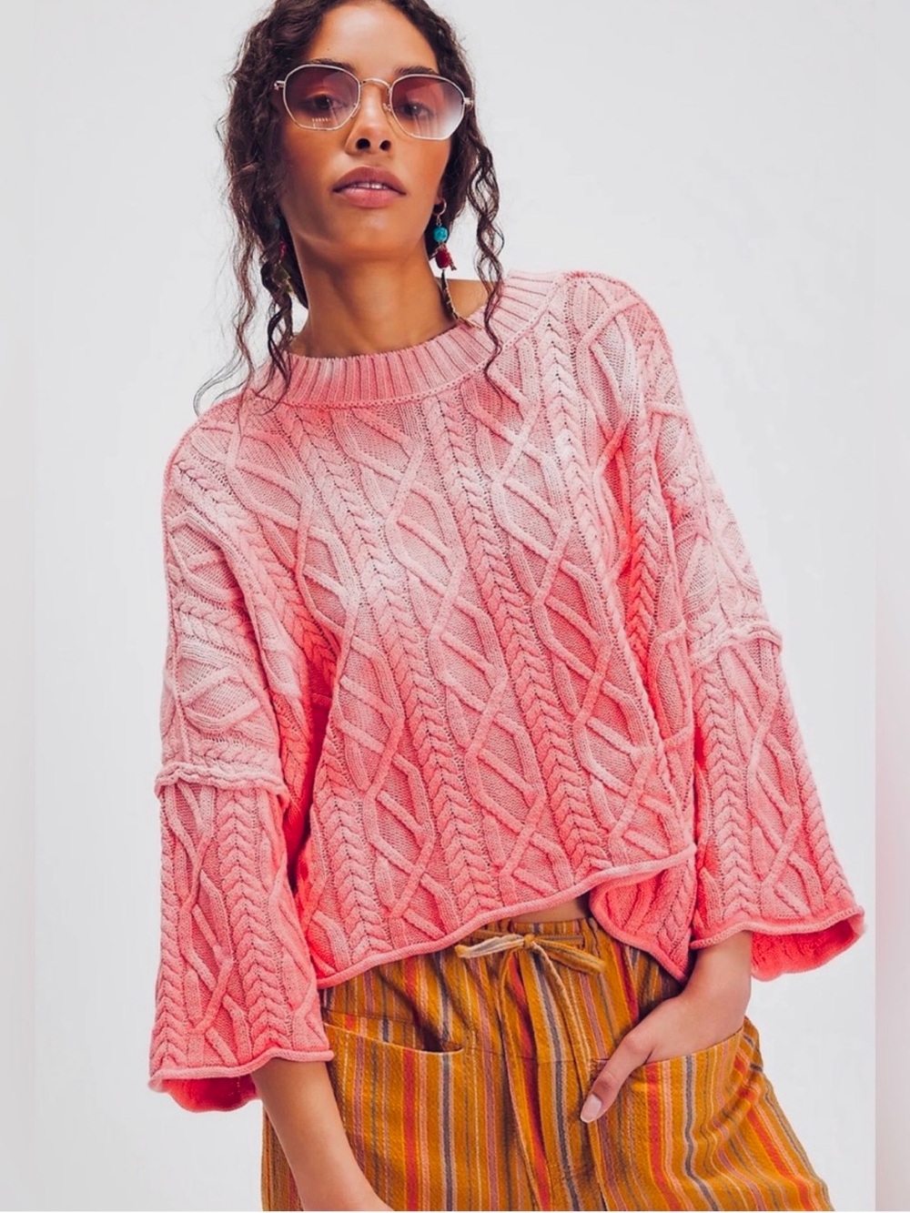 Free People Coral Pink Cable-Knit “Washed Ashore” Sweater 🌺